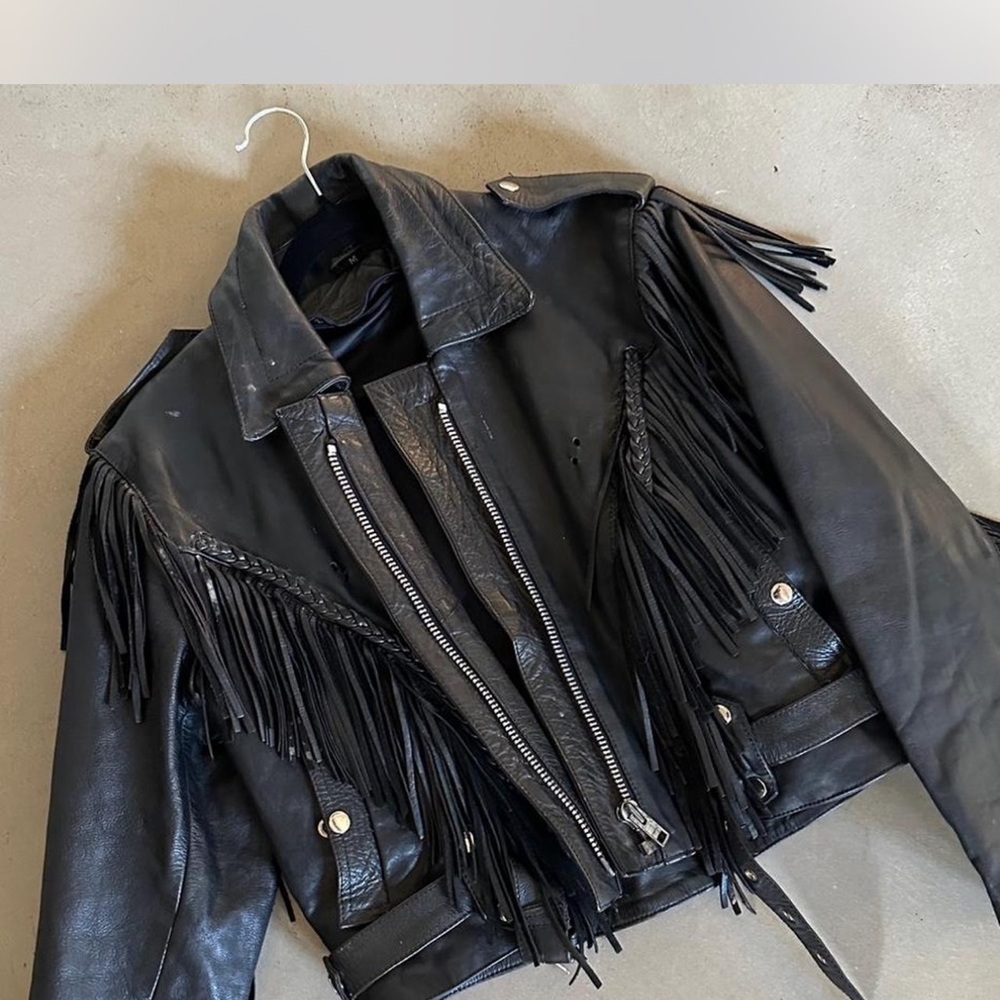 Black Leather Fringe Biker Jacket